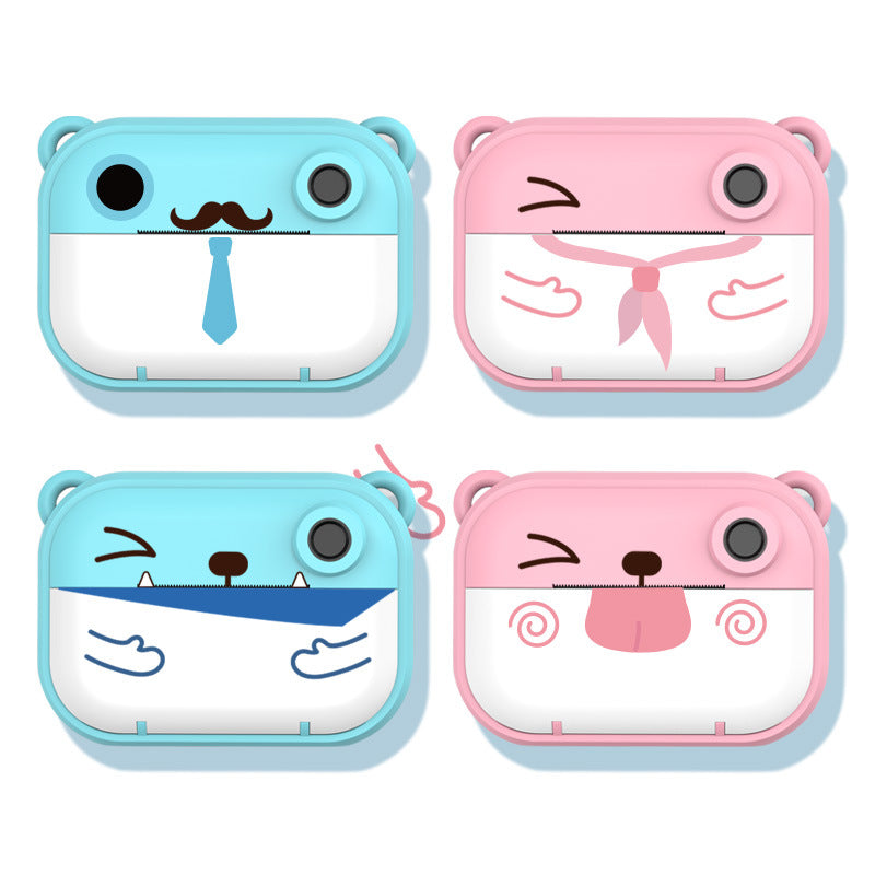 Four cartoon-style air pod cases in blue and pink on a white background