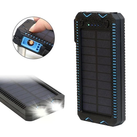 Black solar power bank with solar panel and LED light on a white background