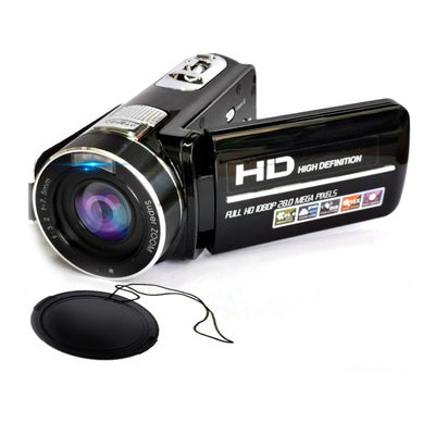 Black high-definition video camera on a white background