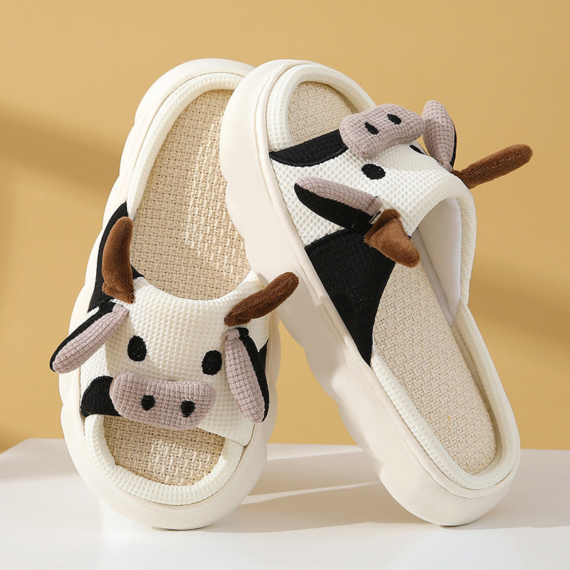 Cute Cartoon Cow Frog Slippers Linen Non-slip Shoes Indoor Garden Home Slippers. Raee-Industries.com