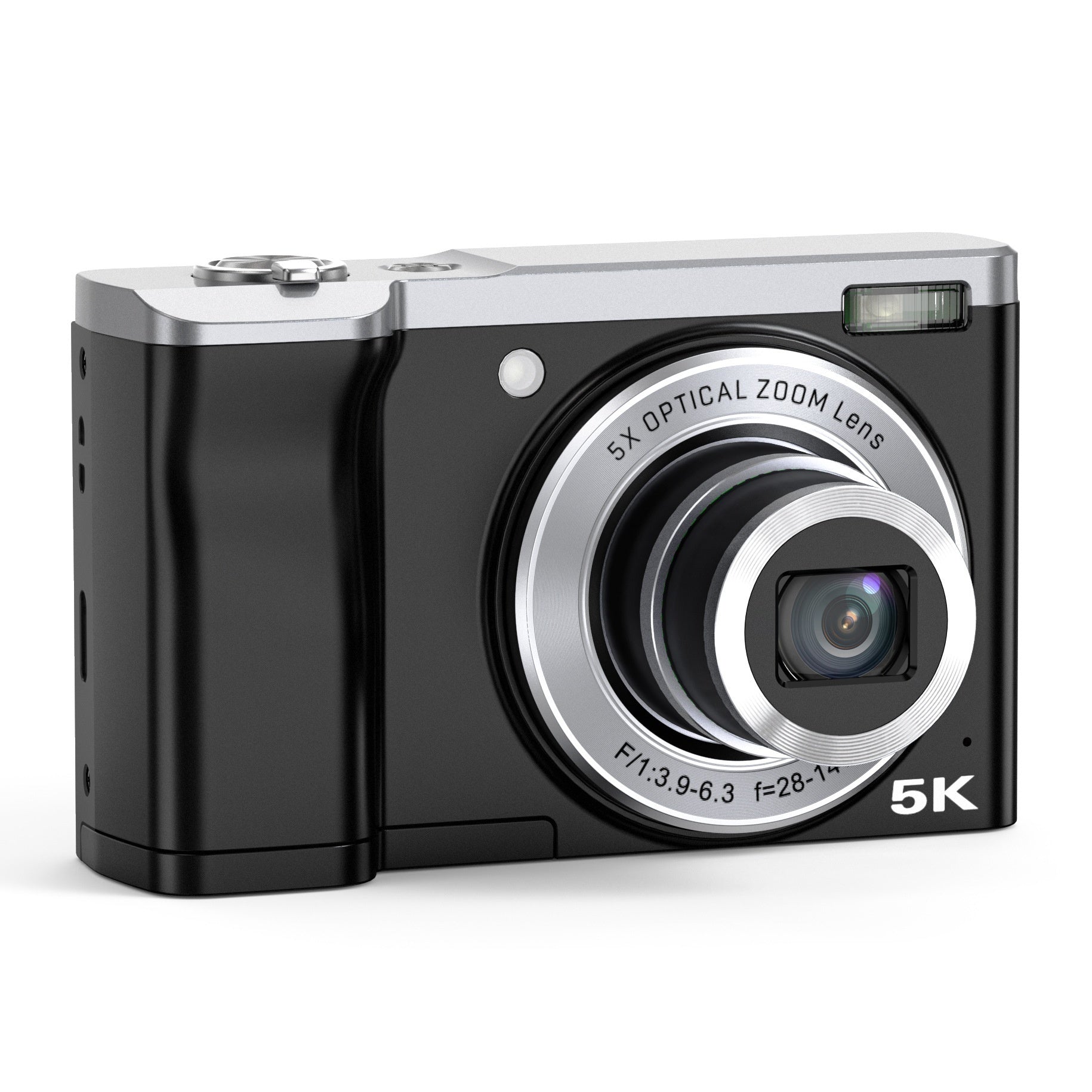 Digital camera with 5x optical zoom lens on a white background
