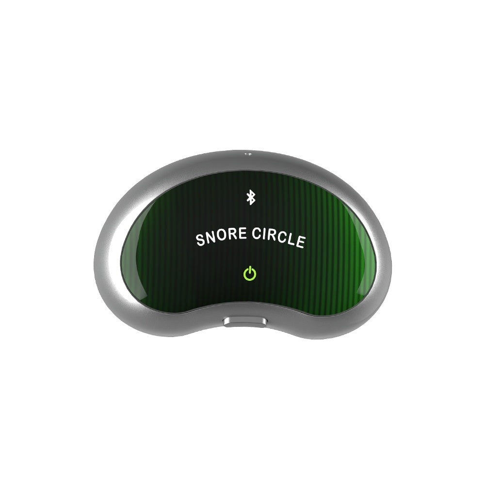 Snore Circle device with green display and silver casing on a white background