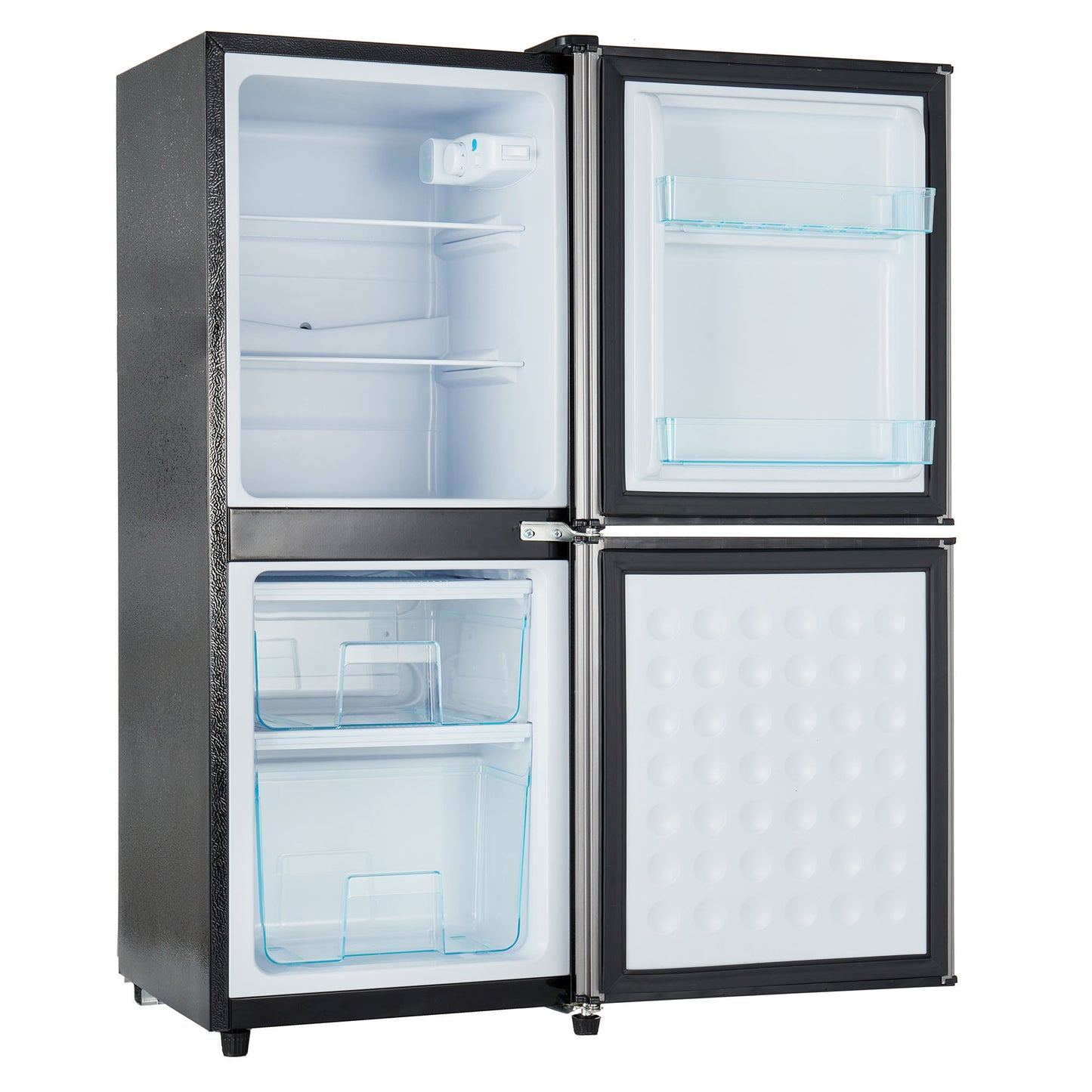 3.6Cu.Ft Dual Zone Refrigerator, 2.2+1.4Cu.Ft 4 Star Freezer, 7 Temperature Settings, 45 dB, Brushed Gray Silver, LED Lighting, Adjustable Shelves, 166kWh/Year, 16.73"×17.52"×40.16 "