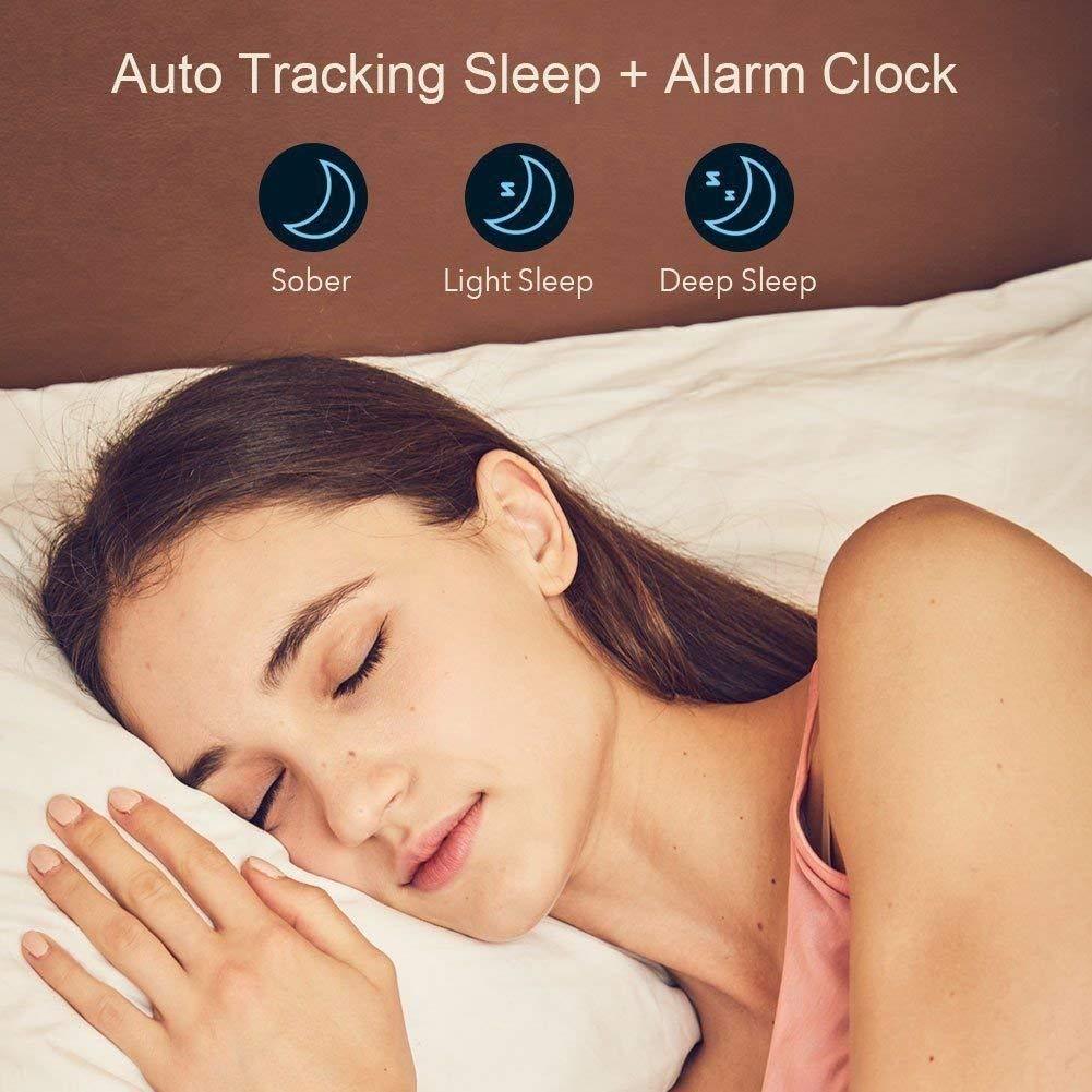 Woman sleeping with sleep tracking icons above her head on a brown background