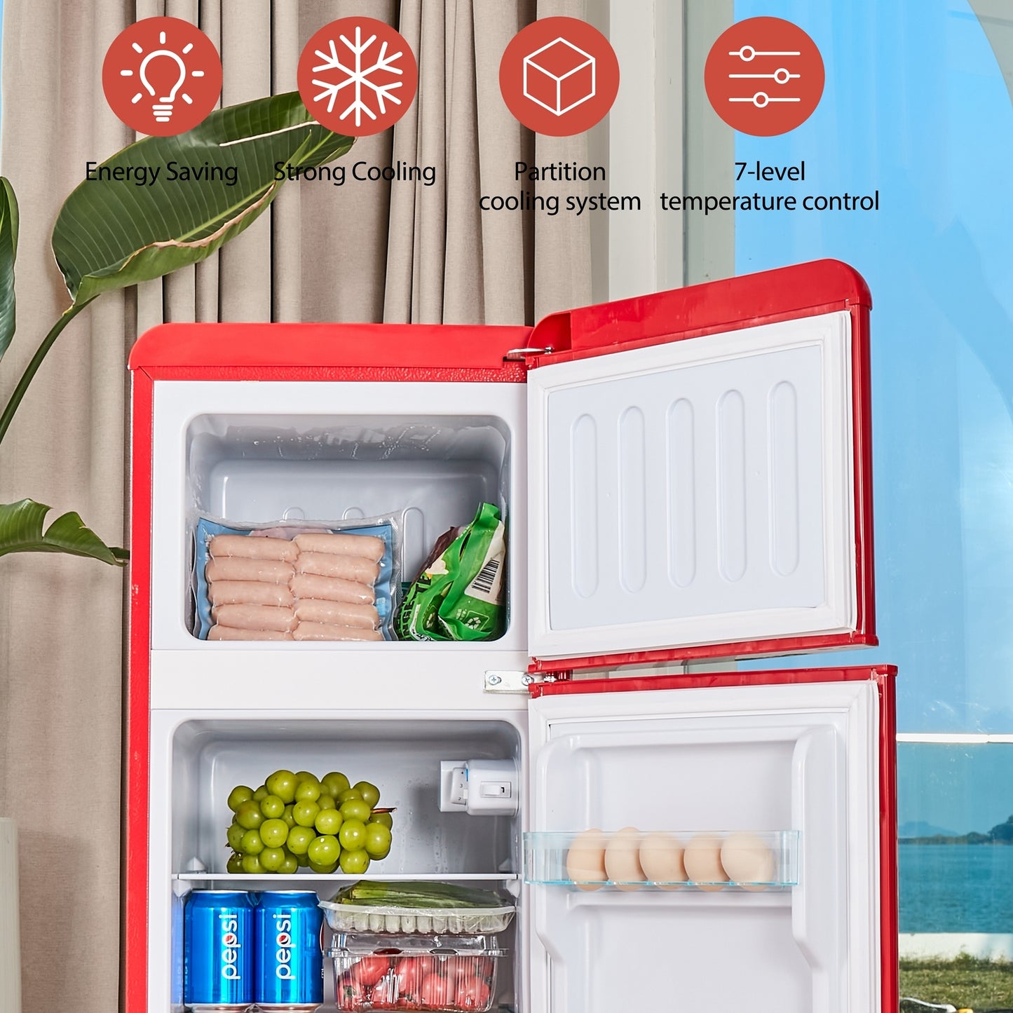 4.5 cu. ft. Dual Zone Refrigerator, 3.3 Fridge + 1.2 cu. ft. 4-Star Freezer, 7 Temperature Settings, 45 dB, Red, Silver Handles, LED Lighting, Adjustable Shelves, 16.69" x 17.52" x 40.08"