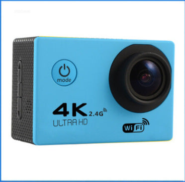Blue action camera with 4K Ultra HD and Wi-Fi features on a white background