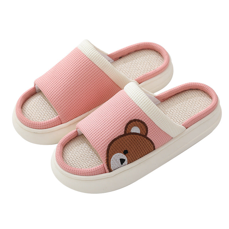 Cute Cartoon Bear Linen Slippers For Women Indoor Non-slip Sweat-absorbent Breathable Slip On Floor Bedroom Slipper House Shoes. Raee-Industries.