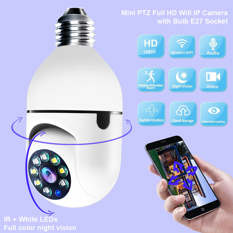 Smart light bulb camera with smartphone app interface on a purple background