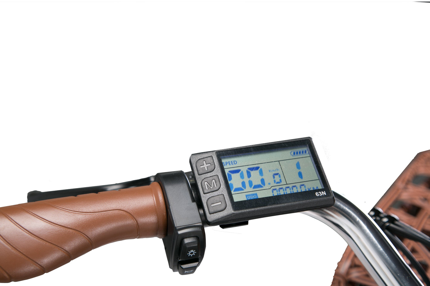 Digital display on a bicycle handlebar with brown grips. affordable commuter e-bike deals. Raee Industries 