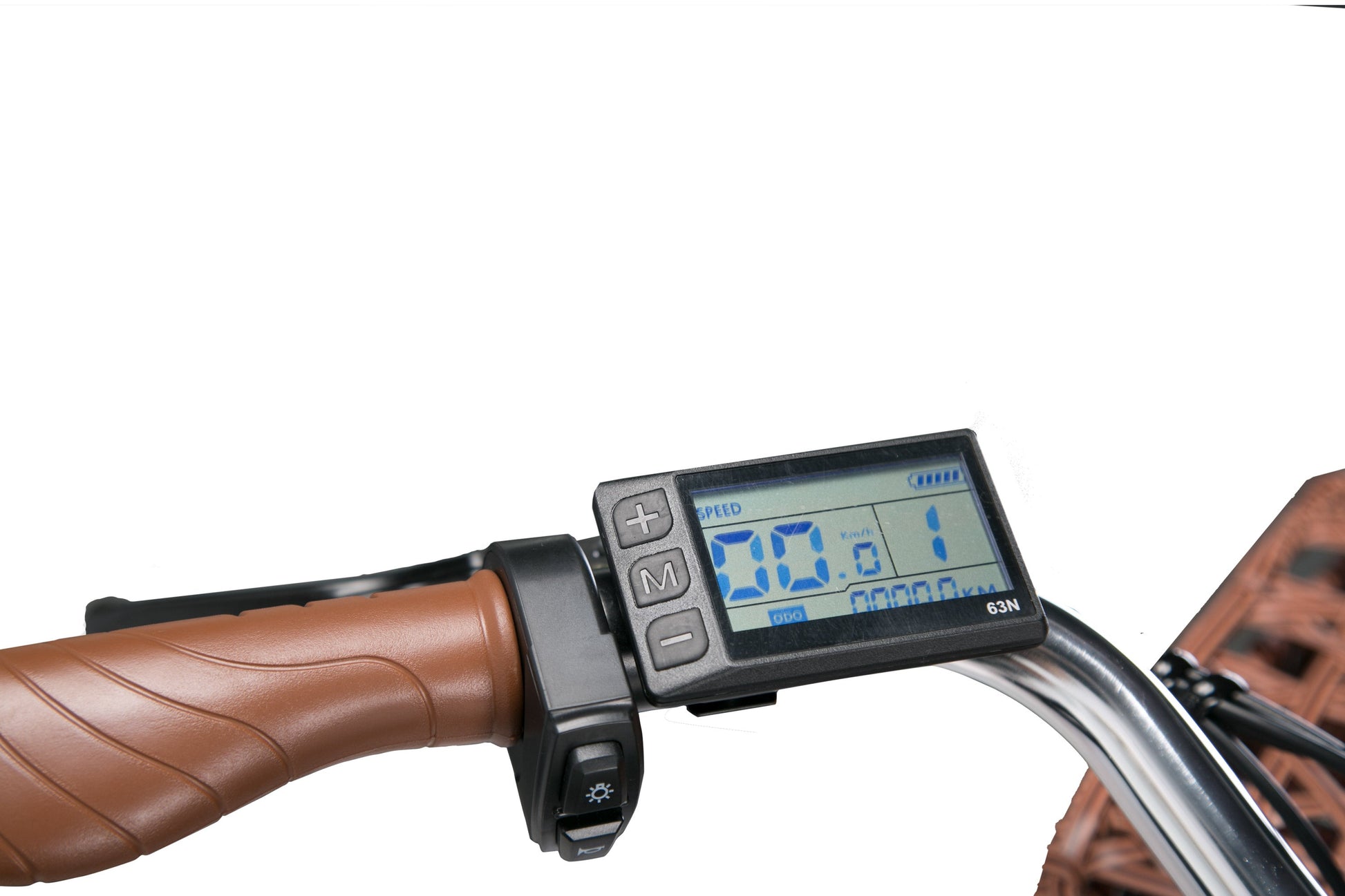 Digital display on a bicycle handlebar with brown grips. affordable commuter e-bike deals. Raee Industries 