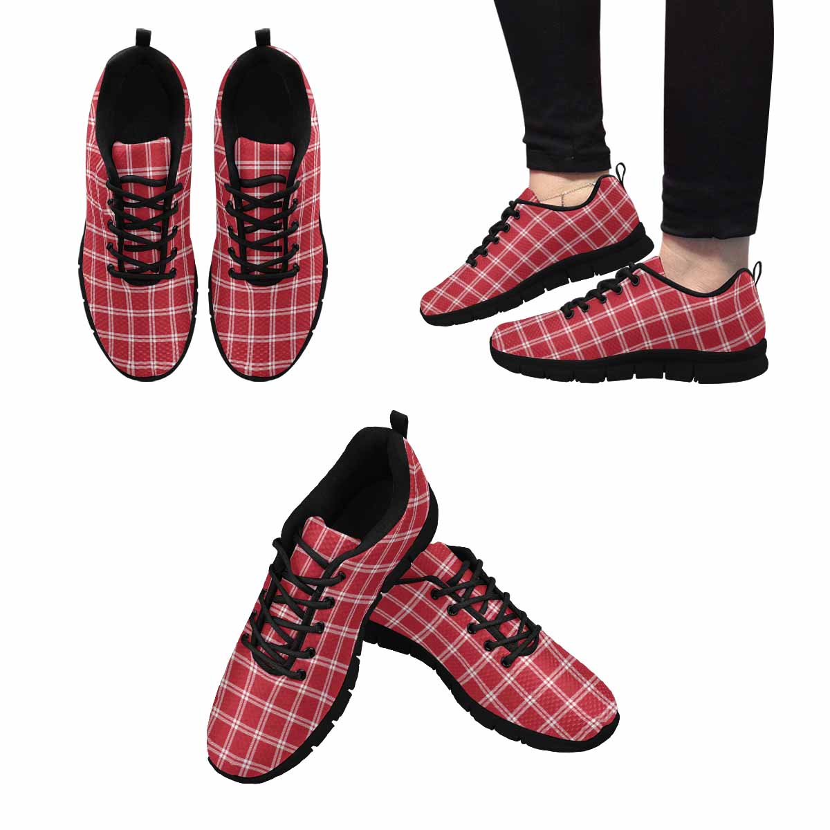 Sneakers For Men, Buffalo Plaid Red And White Running Shoes Dg864