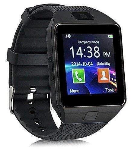 Black smartwatch with a colorful display on a white background