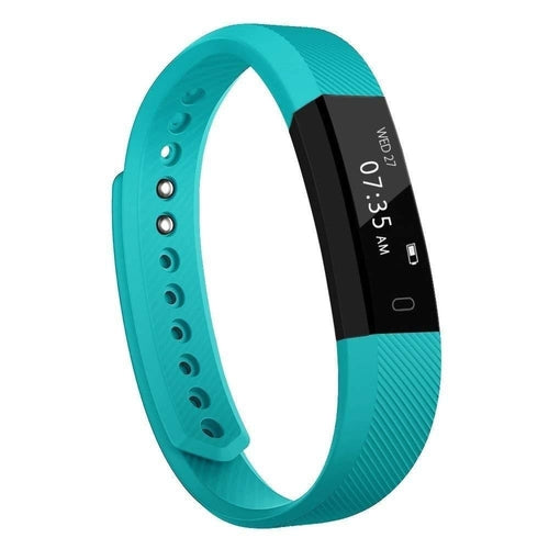 Teal fitness tracker on a white background