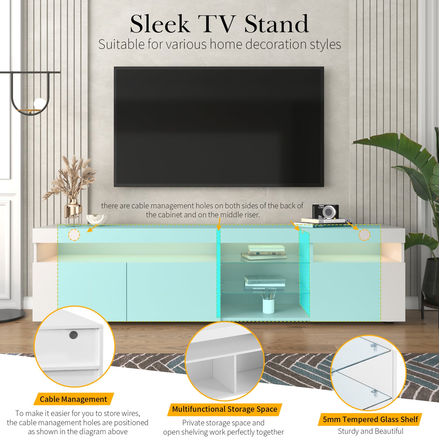 Modern Design TV Stands for TVs up to 80'', LED Light Entertainment Center, Media Console with Multi-Functional Storage, TV cabinet for Living room,Bedroom, Home Theatre