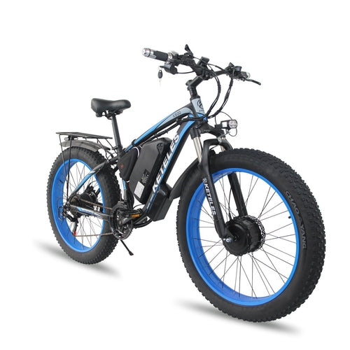 Electric bike with blue rims on a white background