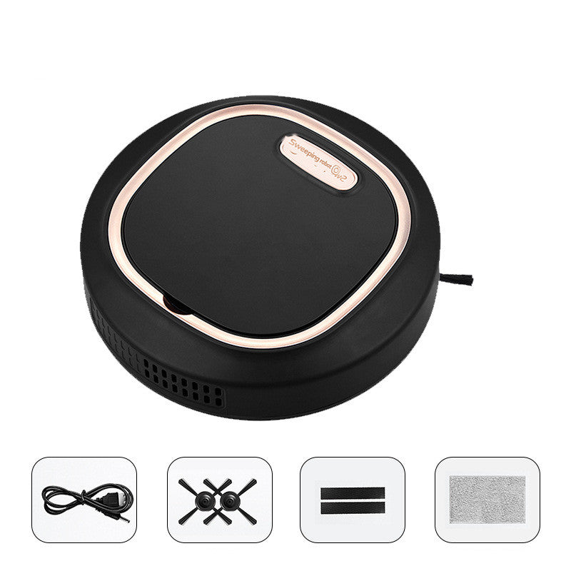 Black robot vacuum cleaner on a white background with icons below.