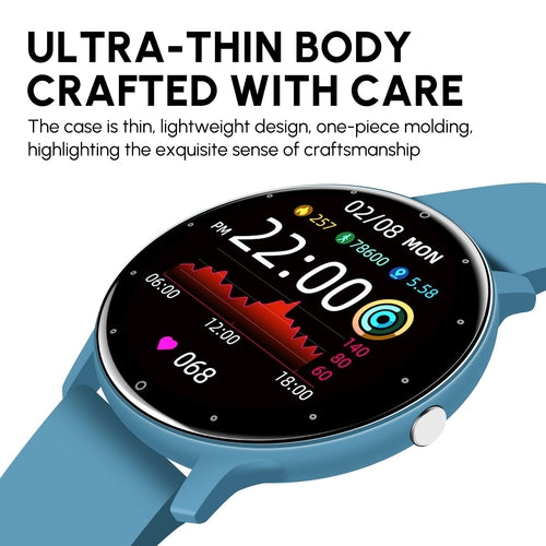 Smartwatch with a blue strap on a white background, featuring text about its ultra-thin design.