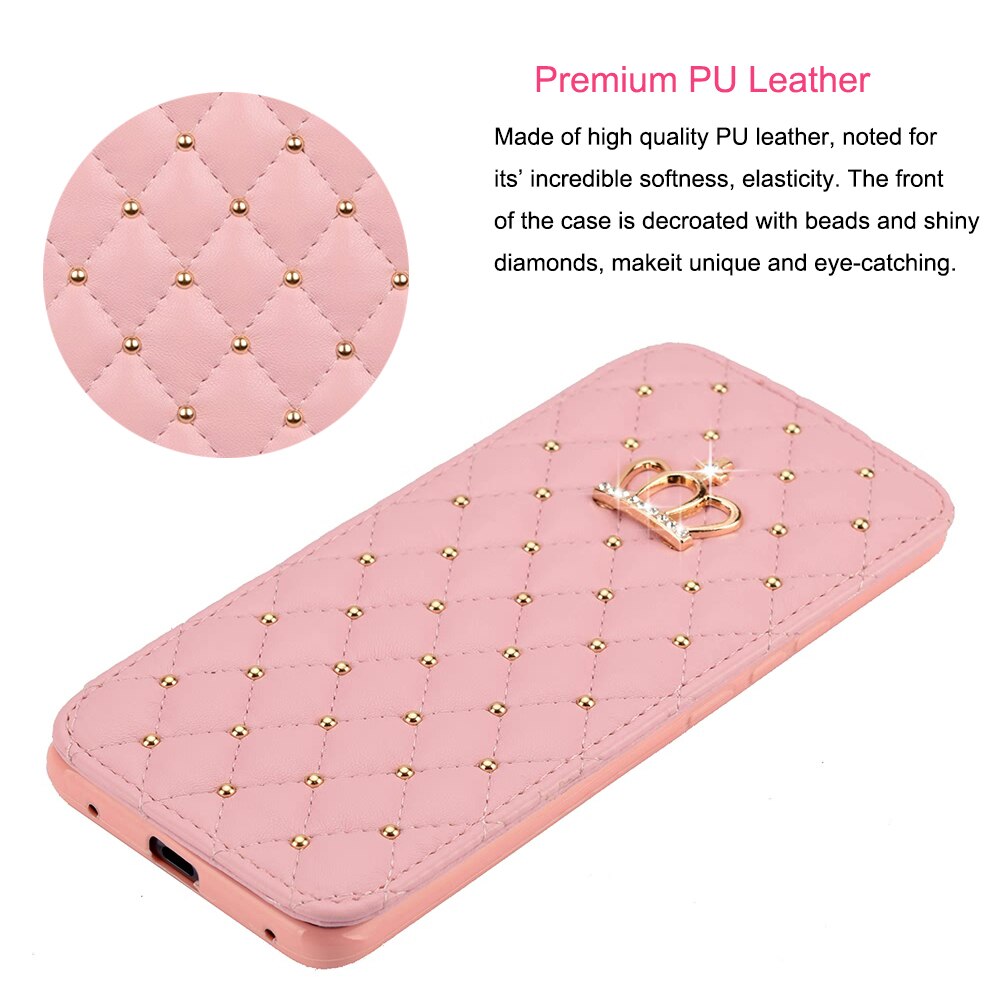 Pink phone case with gold studs and a crown emblem on a white background