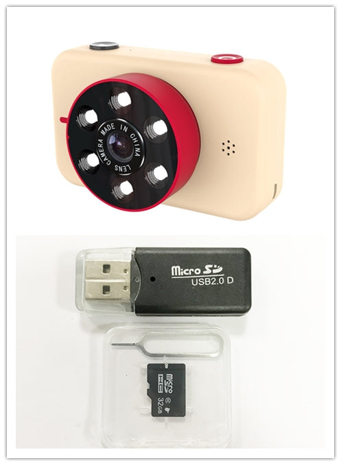 Small camera with red accents, USB adapter, microSD card, and clear case on a white background