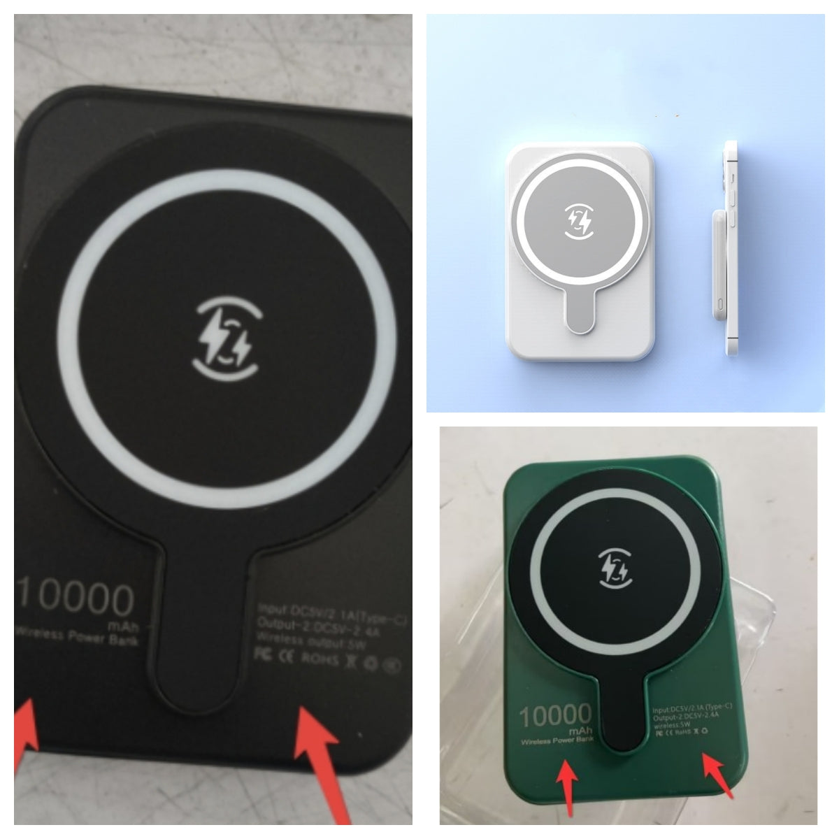 Collage of a wireless charging pad with branding and specifications.