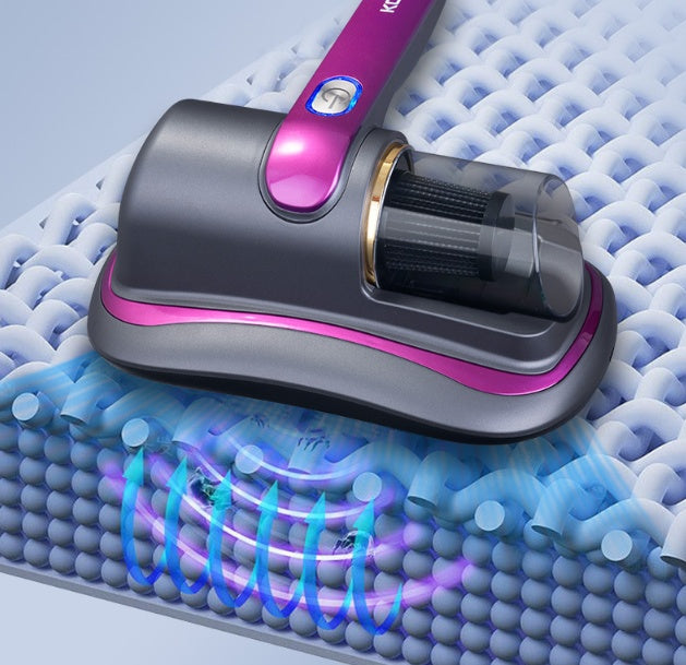 Gray and pink grooming tool on a textured blue surface
