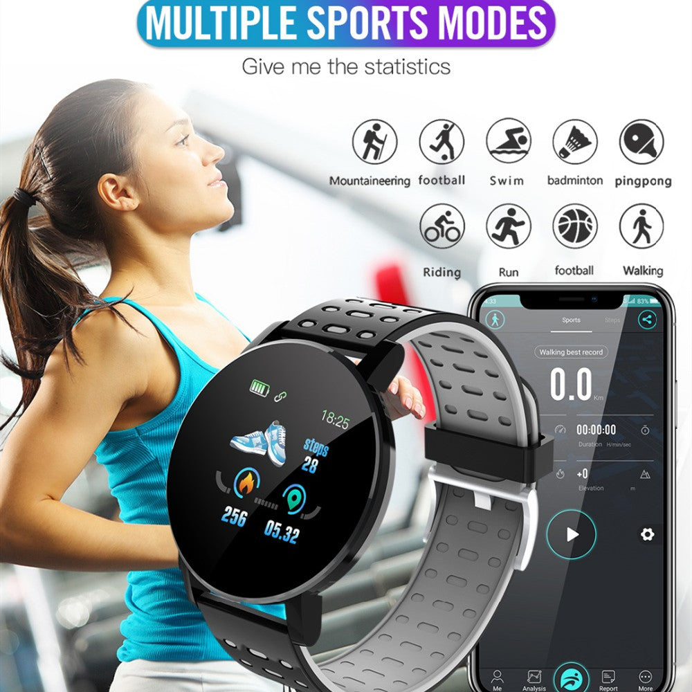 Smartwatch with app interface on a blurred background of a person exercising