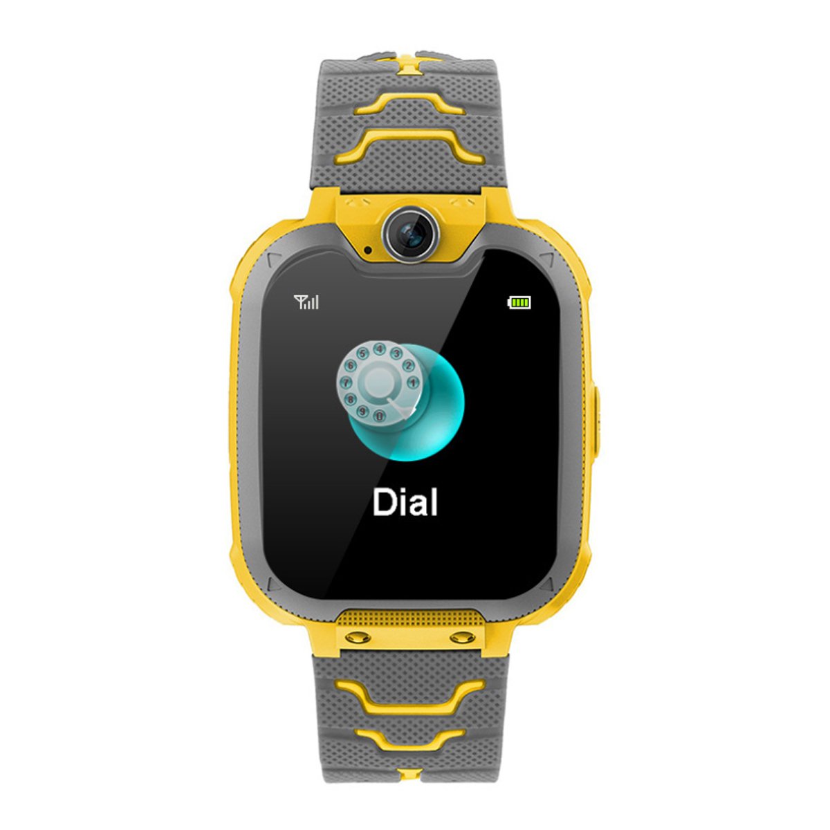 Smartwatch with yellow and gray strap on a white background