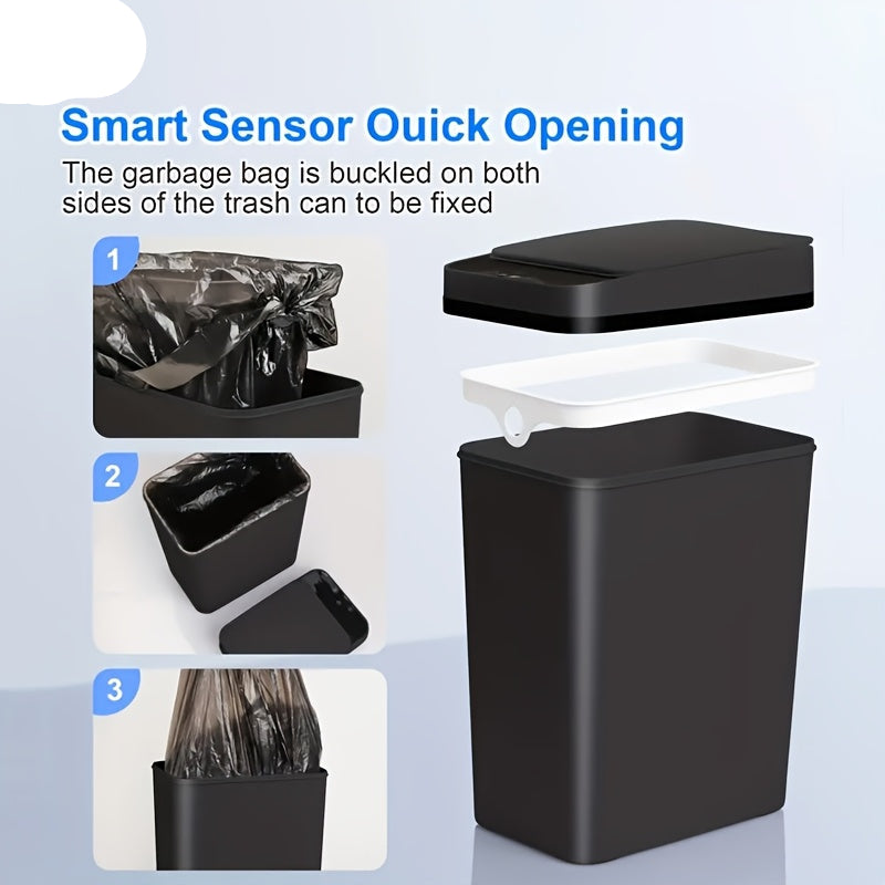 Black trash can with smart sensor quick opening feature on a light blue background