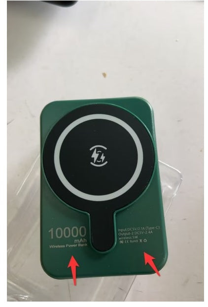 Green wireless charging pad with '10000 mAh' text on a white surface