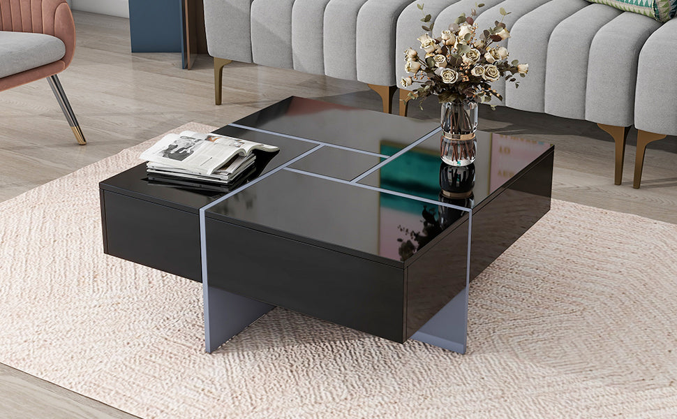 ON-TREND Unique Design Coffee Table with 4 Hidden Storage Compartments, Square Cocktail Table with Extendable Sliding Tabletop, UV High-gloss Design Center Table for Living Room, 31.5"x 31.5"