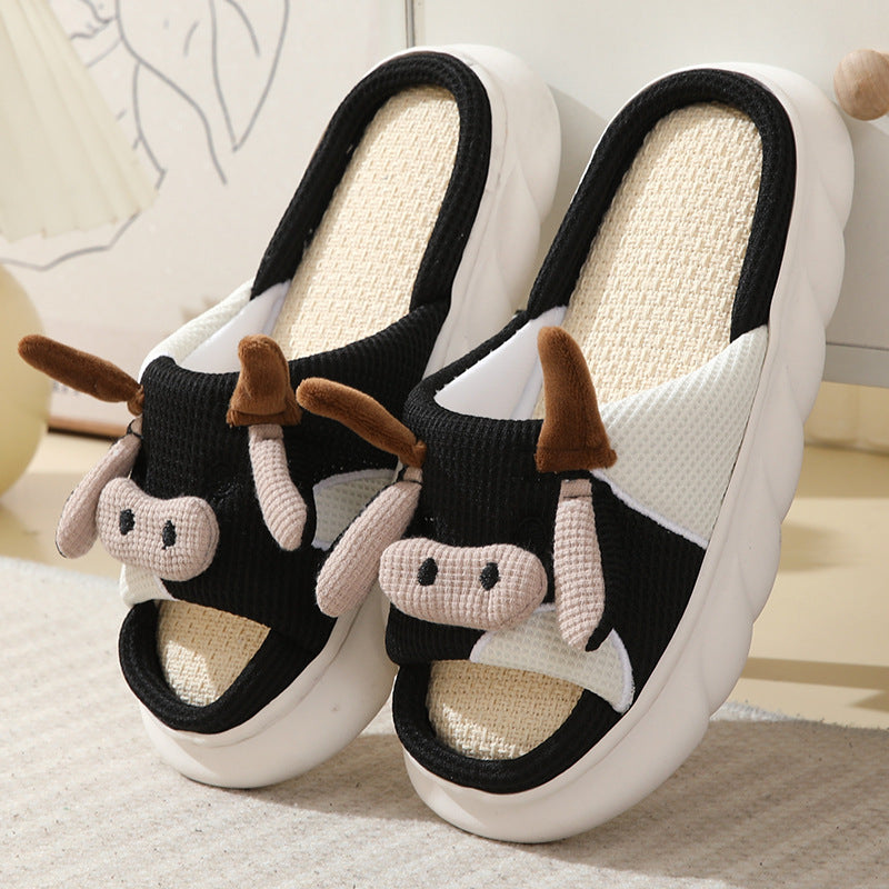 Cute Cartoon Cow Frog Slippers Linen Non-slip Shoes Indoor Garden Home Slippers. Raee-Industries.com