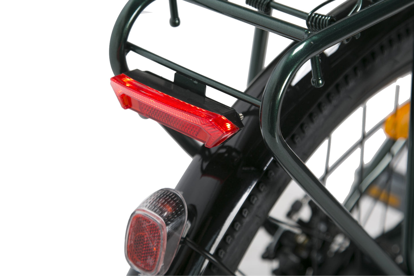 Bicycle tail light and rear rack on a white background. affordable commuter e-bike deals. Raee Industries 