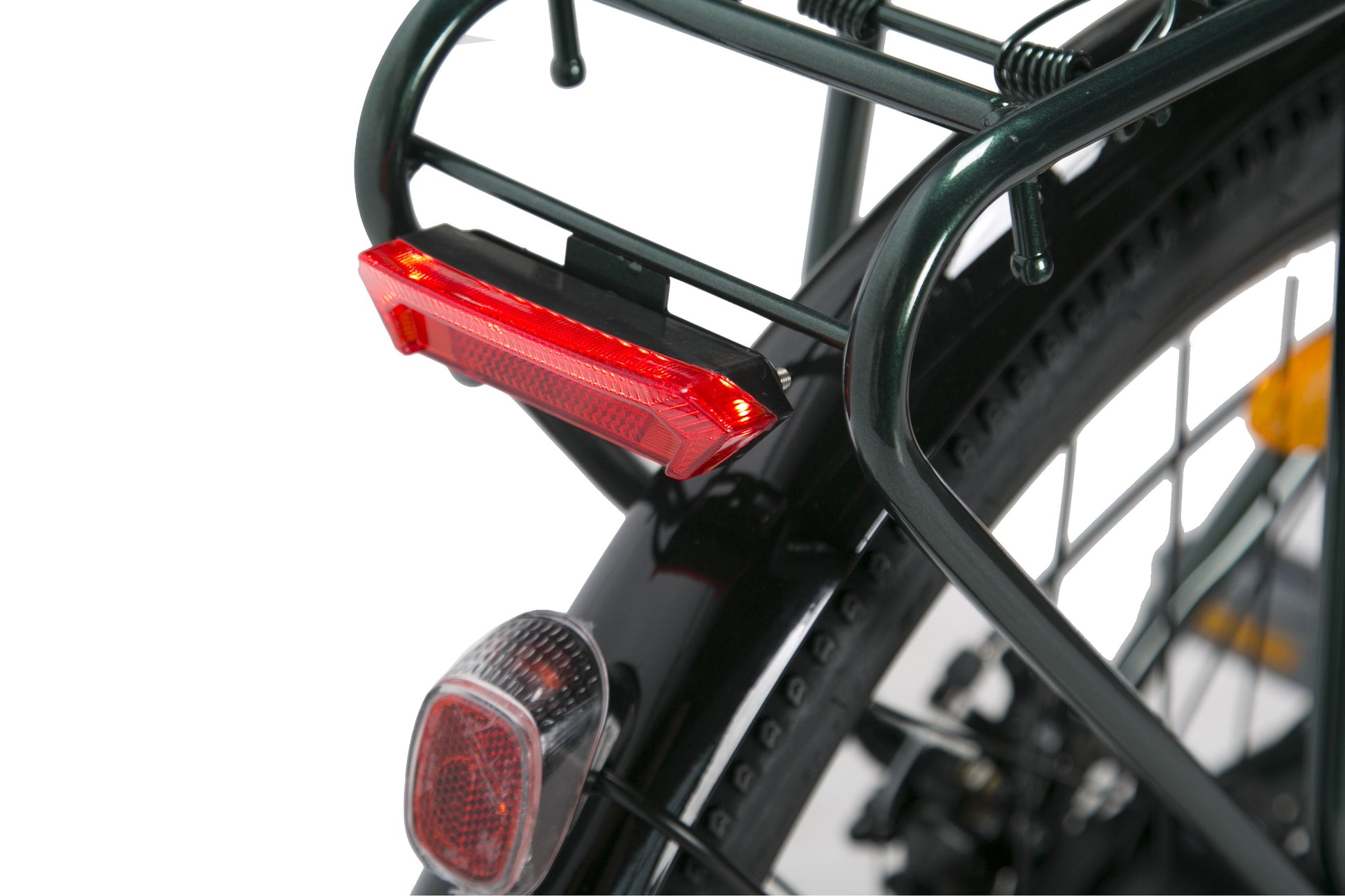 Bicycle tail light and rear rack on a white background. affordable commuter e-bike deals. Raee Industries 