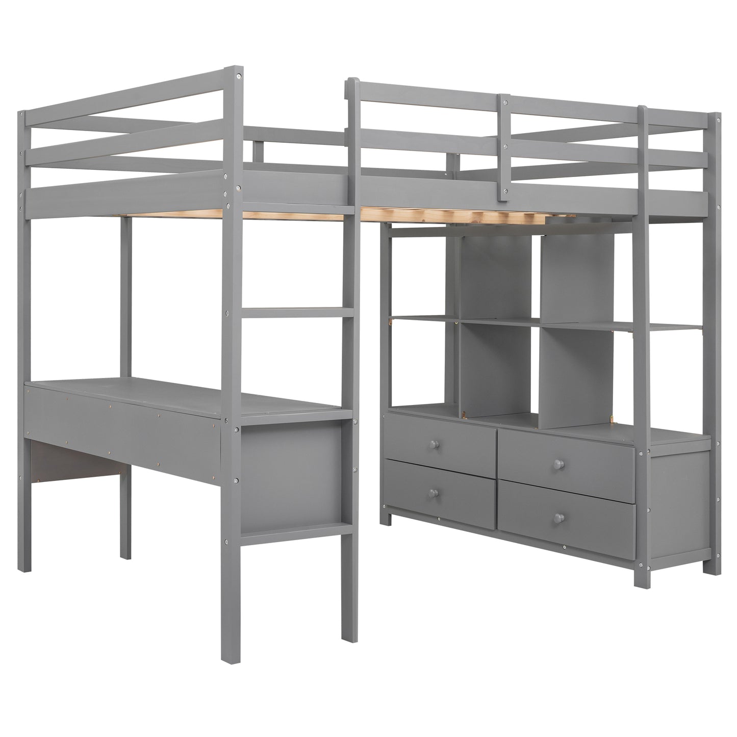 Full Size Loft Bed with Built-in Desk with Two Drawers, and Storage Shelves and Drawers,Gray