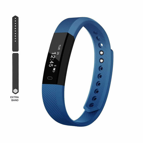 Blue fitness tracker with black display and an extra band on a white background