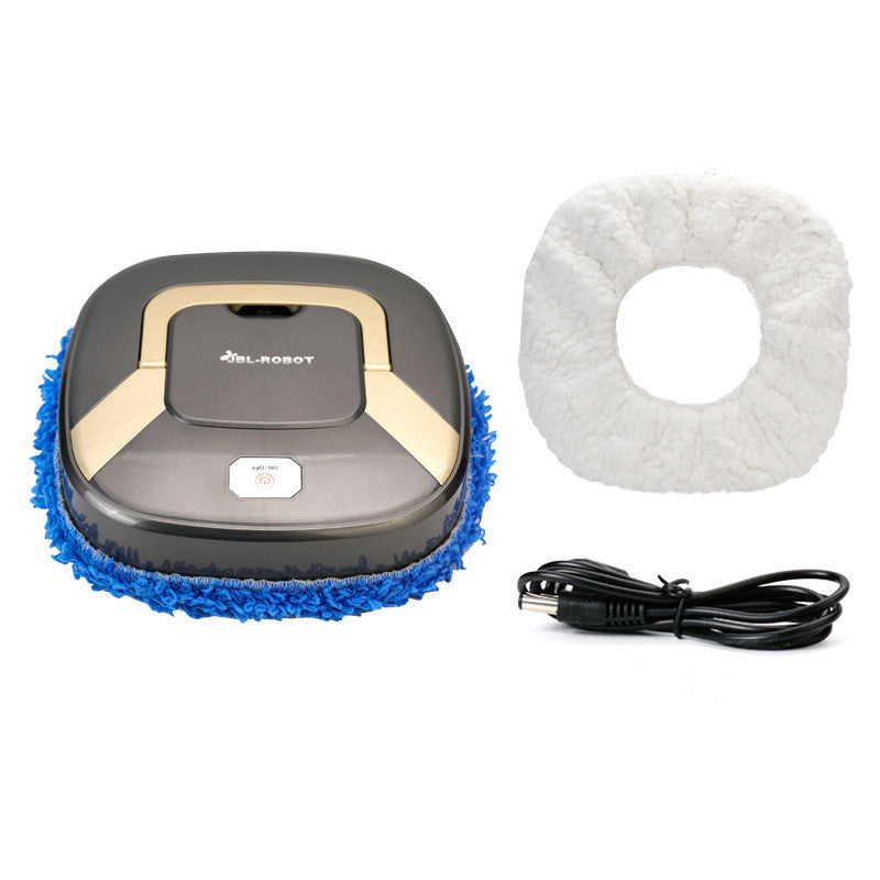 Robotic floor cleaner with blue cleaning pad, filter, and power cord on a white background