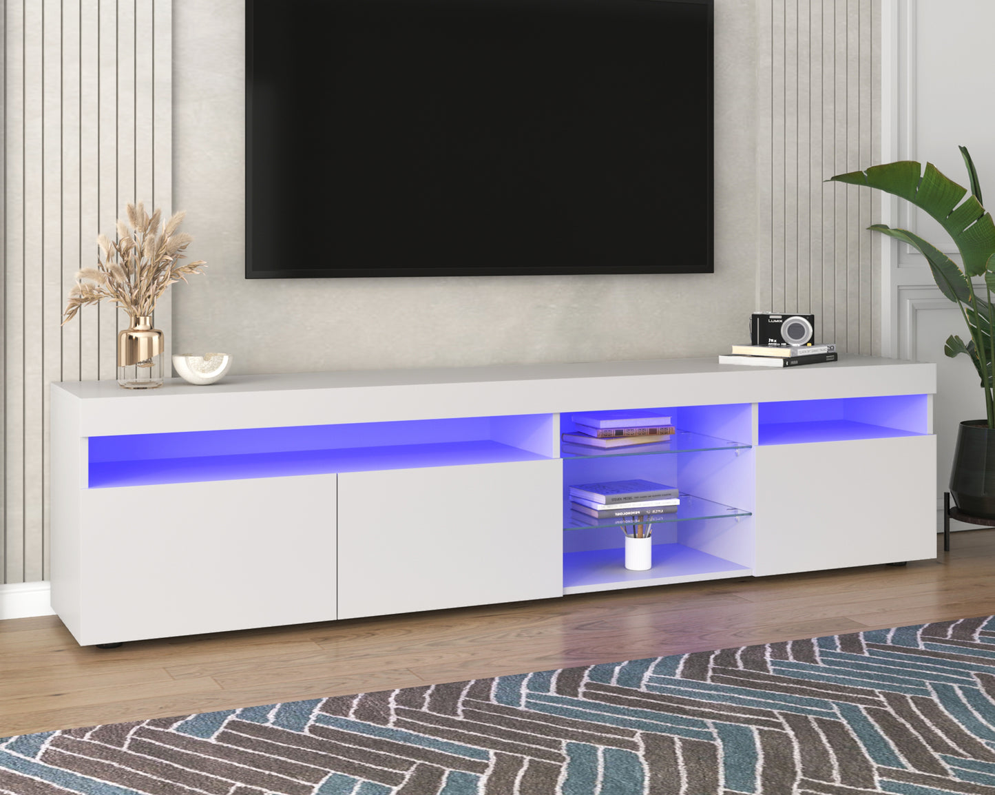 Modern Design TV Stands for TVs up to 80'', LED Light Entertainment Center, Media Console with Multi-Functional Storage, TV cabinet for Living room,Bedroom, Home Theatre