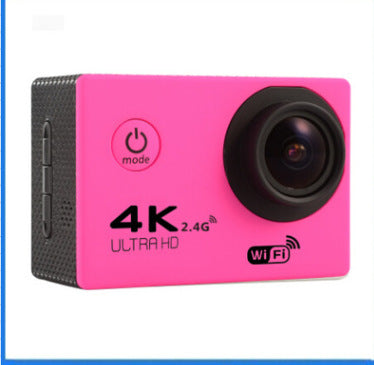 Pink action camera with 4K Ultra HD and Wi-Fi features on a white background