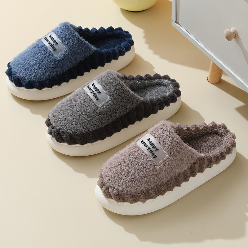 Home Slippers For Men Thick-soled Color-block Letters Fluffy Fleece House Shoes Winter Indoor Warm Slip On Floor Bedroom Slipper. Raee-Industries