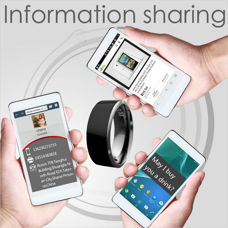 Three smartphones displaying different apps with a ring in the center, labeled 'Information sharing'.