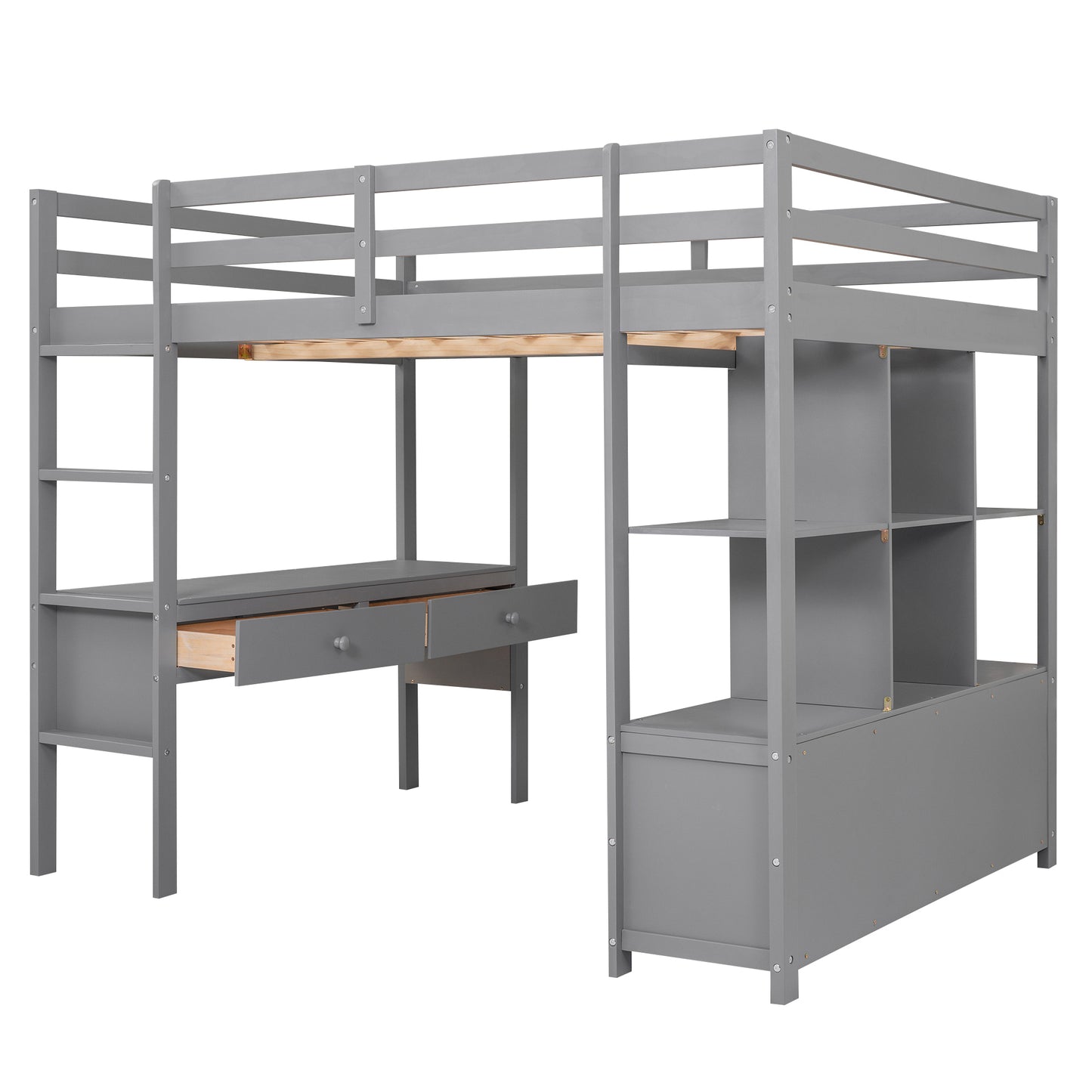 Full Size Loft Bed with Built-in Desk with Two Drawers, and Storage Shelves and Drawers,Gray