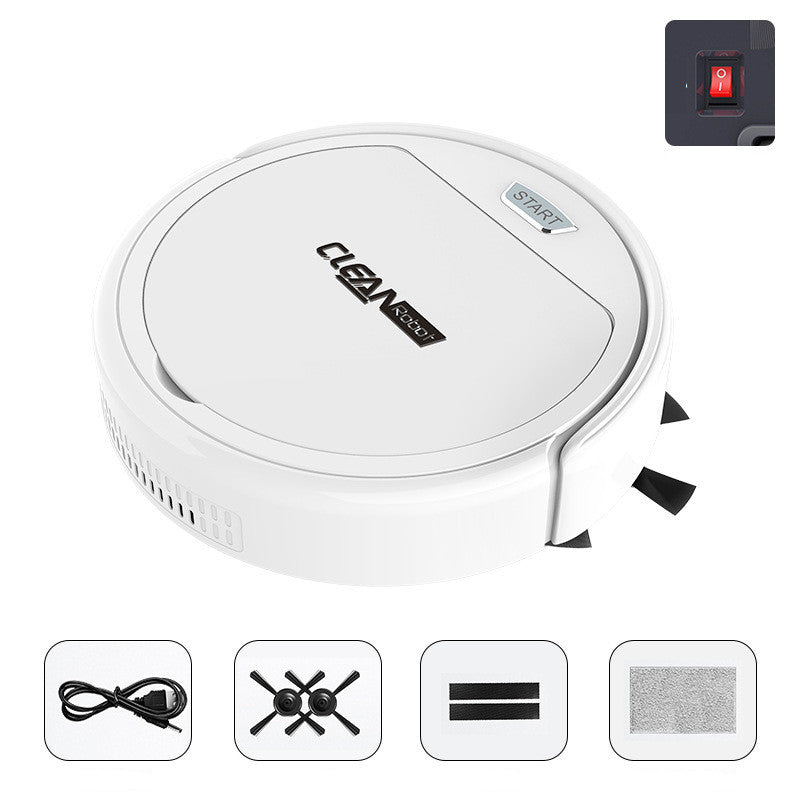 White robot vacuum cleaner with control panel and icons on a white background