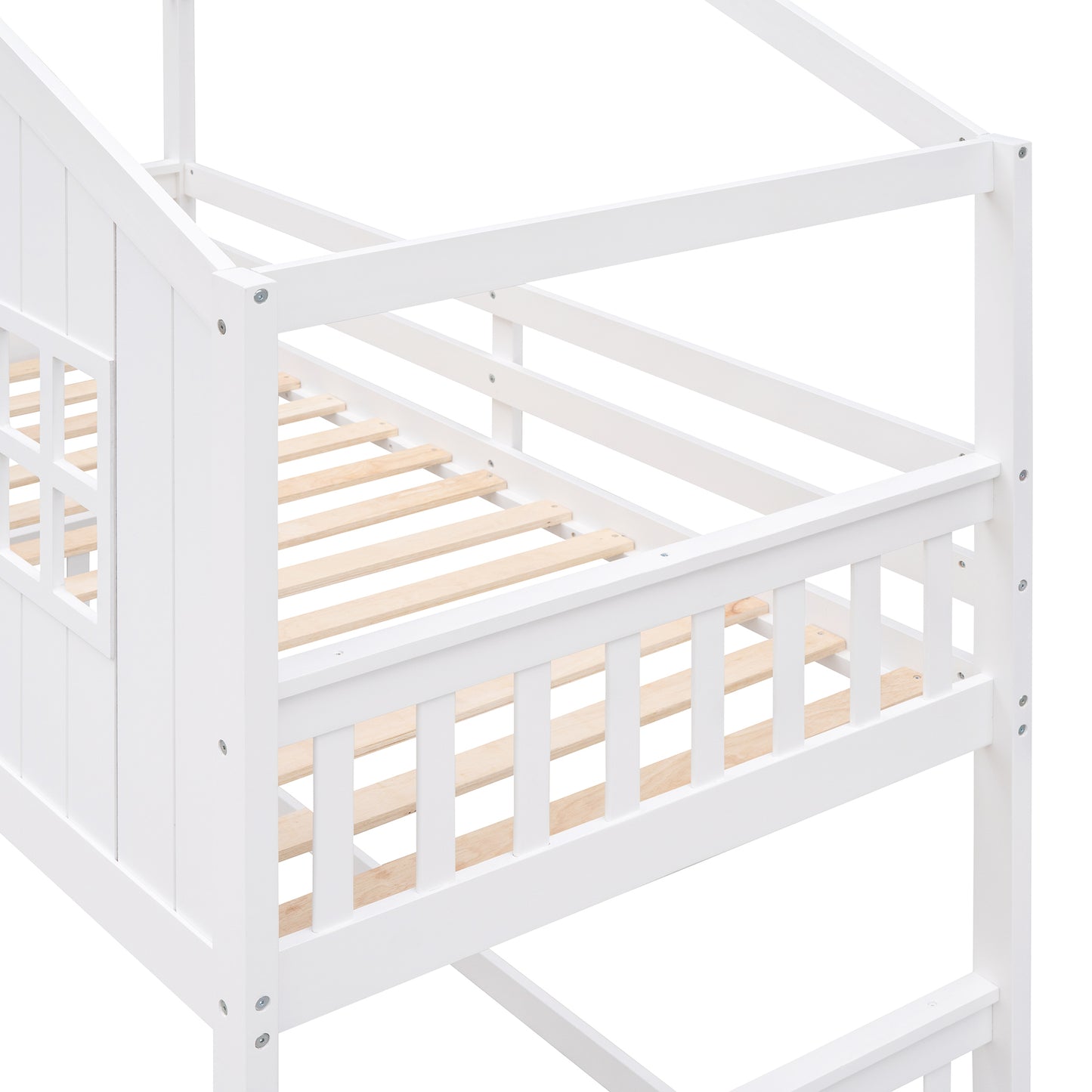 Twin Over Twin House Bunk Bed With Ladder, Wood Bed-White