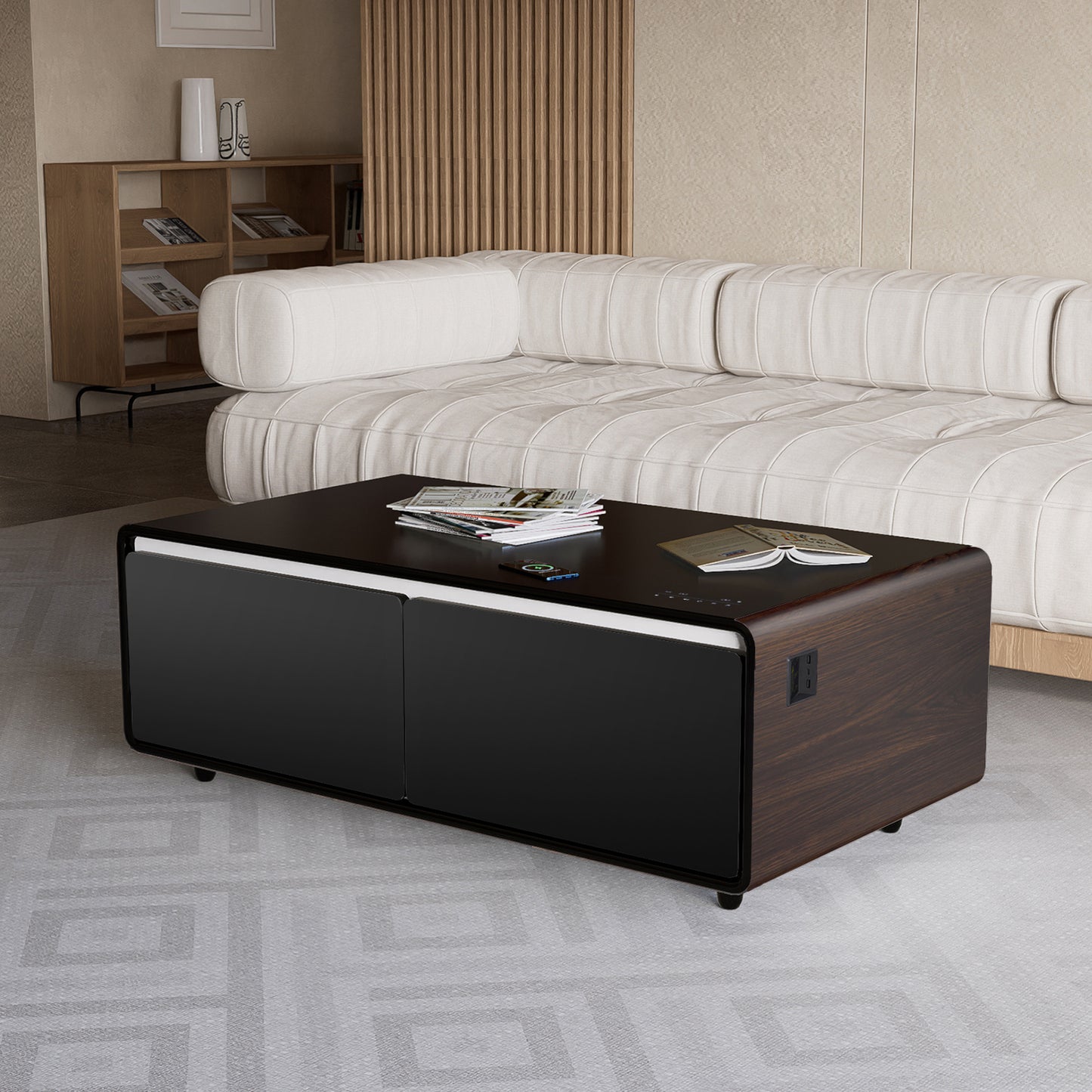 Modern Smart Coffee Table with Built-in Fridge, Bluetooth Speaker, Wireless Charging Module, Touch Control Panel, Power Socket, USB Interface, Outlet Protection, Atmosphere light, and More, Brown