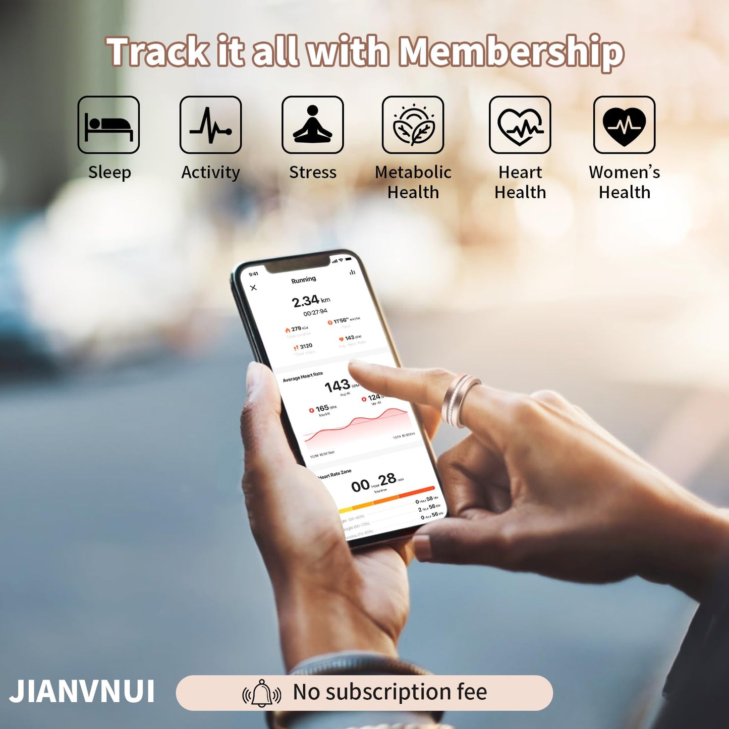 Person using a smartphone app with health monitoring features, displayed on a blurred background.