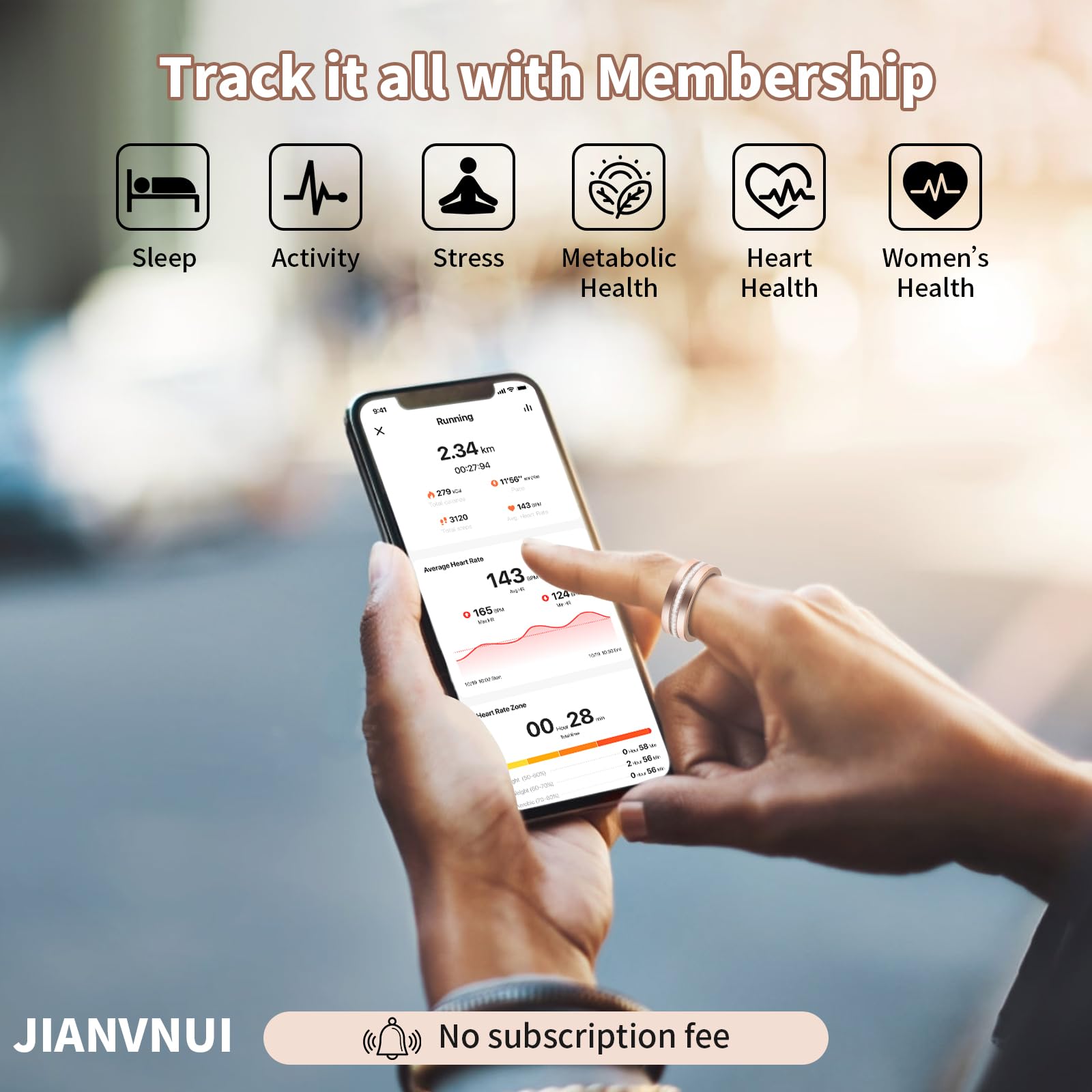 Person using a smartphone app with health monitoring features, displayed on a blurred background.