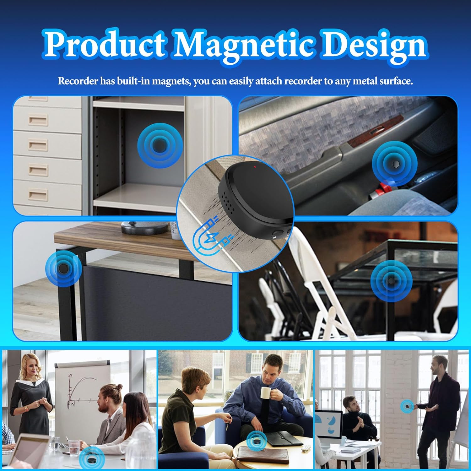 Product with magnetic design shown in various settings, including office environments.