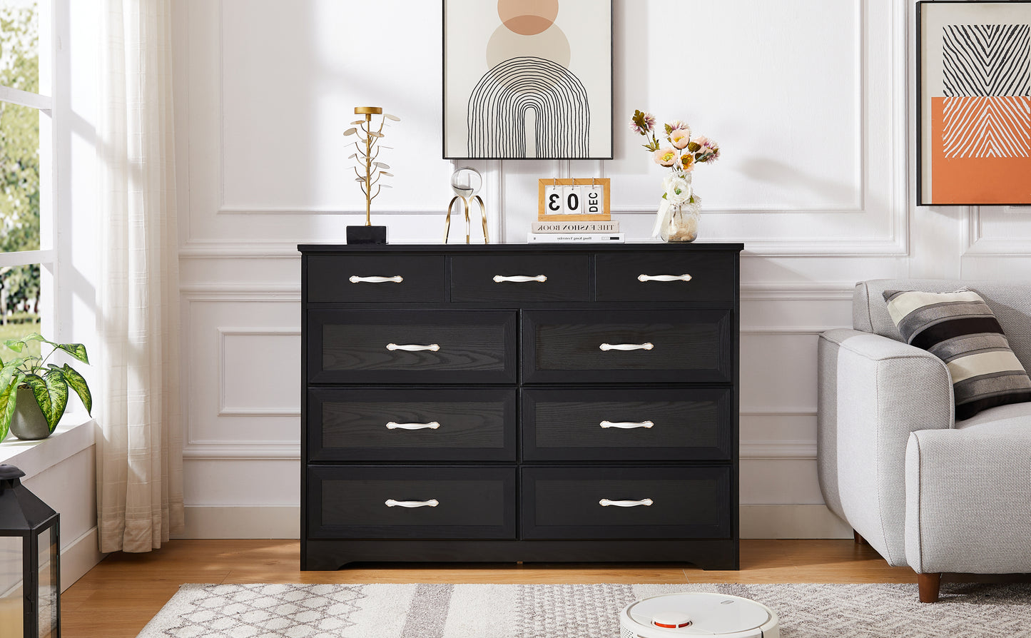 Bedroom dresser, 9 drawer long dresser with antique handles, wood chest of drawers for kids room, living room, entry and hallway, Black, 47.2'' W x 15.8'' D x 34.6'' H.