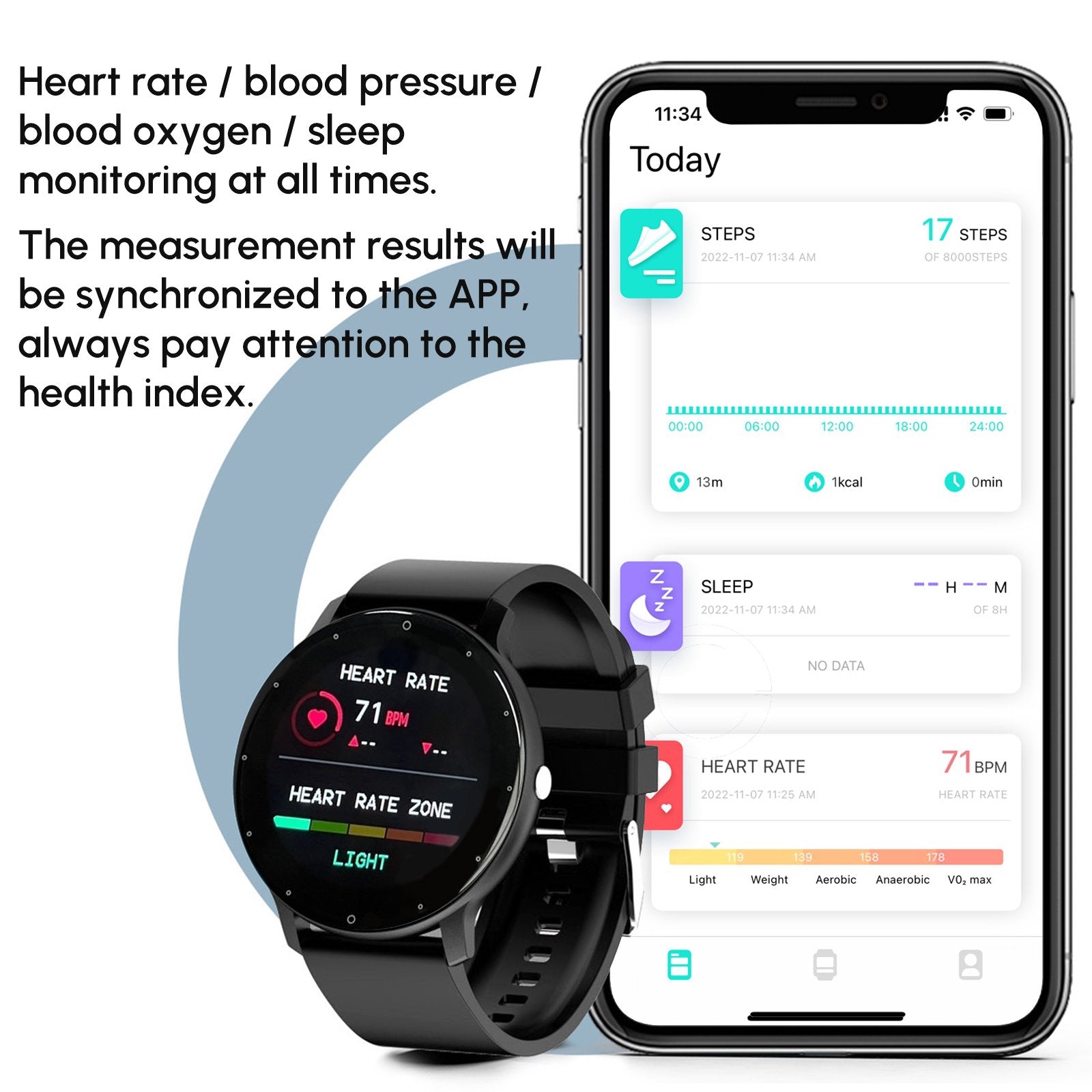 Smartwatch and smartphone displaying health monitoring app with text about features.