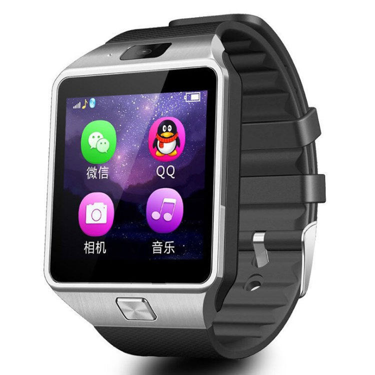 Smartwatch with a black band displaying app icons on a white background
